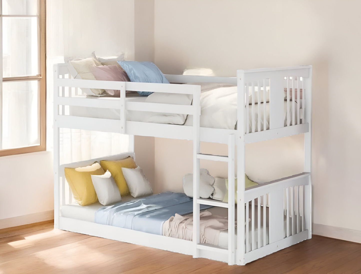 White Classic Twin Over Twin Bunk Bed with Ladder