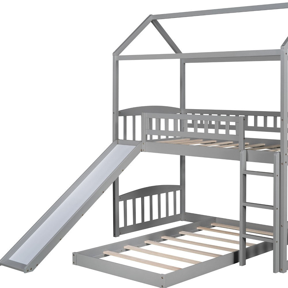 Gray Playhouse Frame Full Over Full Perpendicular Bunk Bed with Slide