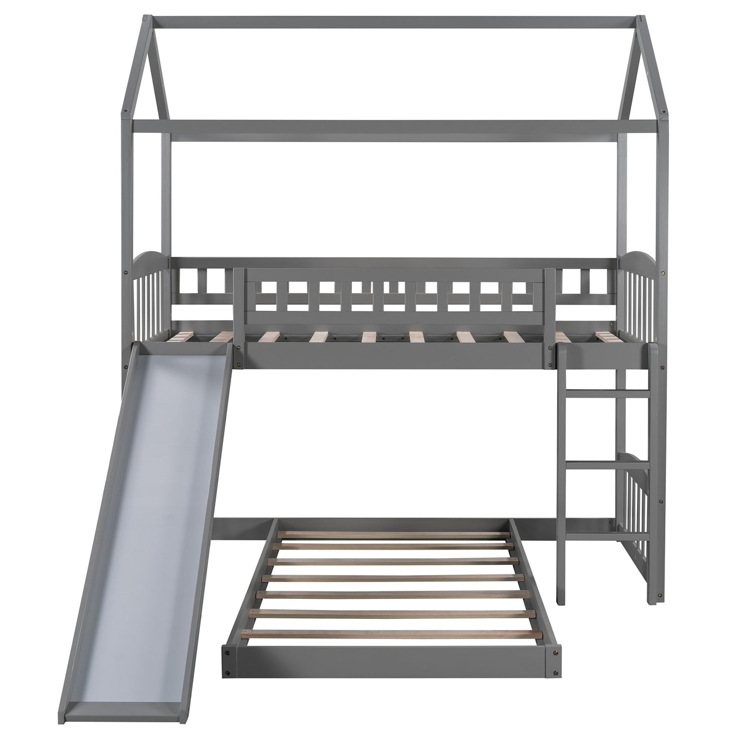 Gray Playhouse Frame Full Over Full Perpendicular Bunk Bed with Slide