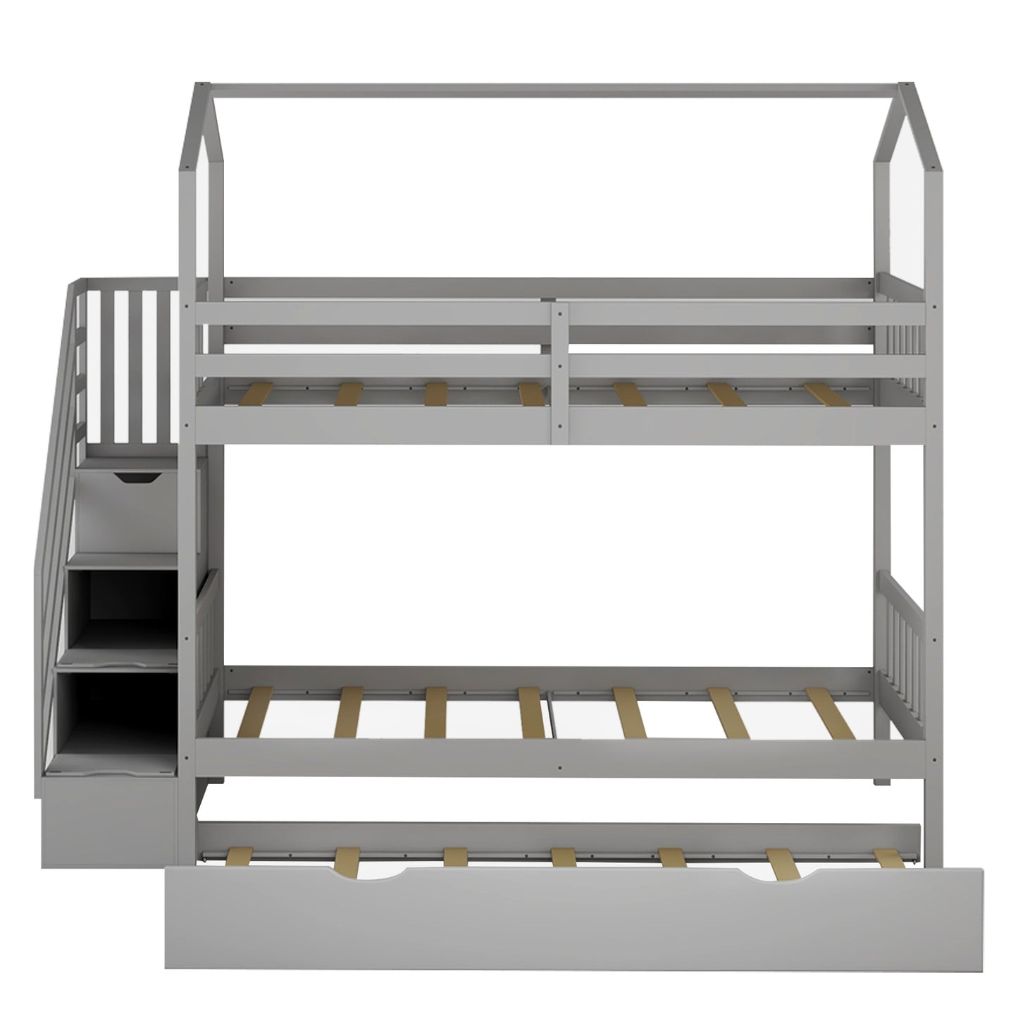 Gray Twin Over Twin Playhouse Bunk Bed with Trundle and Staircase