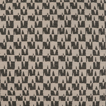 Beige woven fabric with dark brown geometric M/crown motifs in a repeating grid; 24" x 24" pillow.