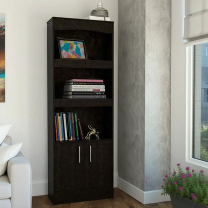 71" Light Gray Wood Three Tier Bookcase with Two Doors