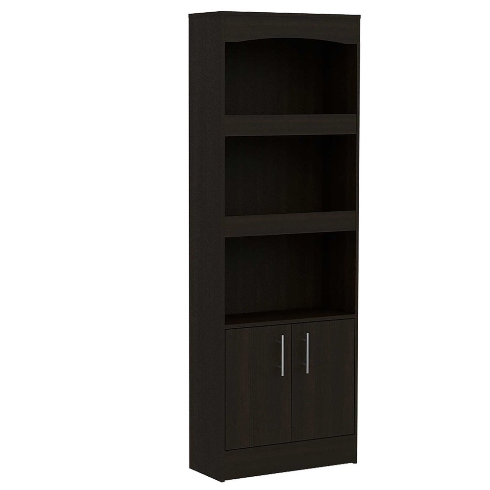 71" Light Gray Wood Three Tier Bookcase with Two Doors