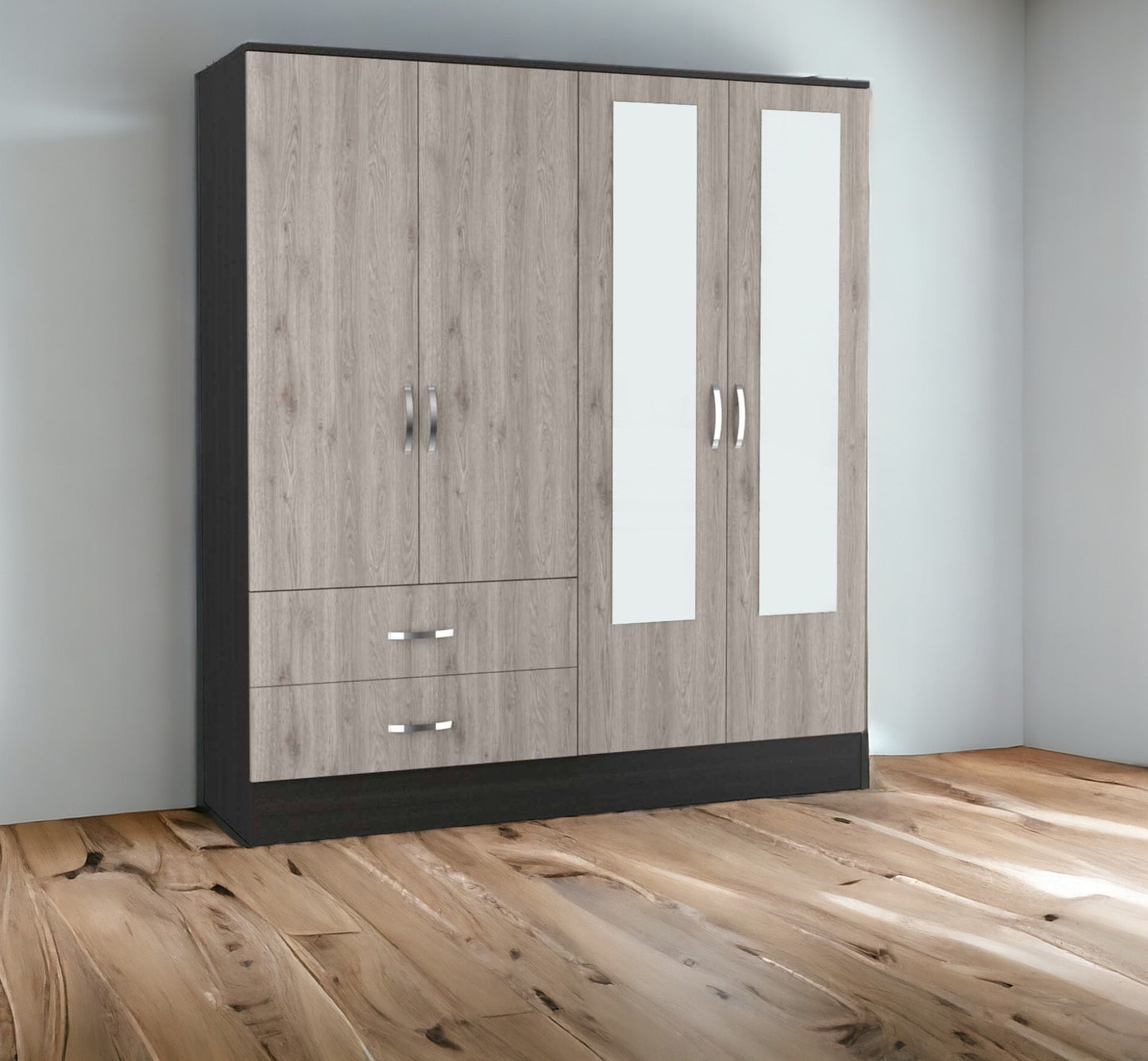 71" Light Oak and Black Four Door Wardrobe Closet with Mirrors