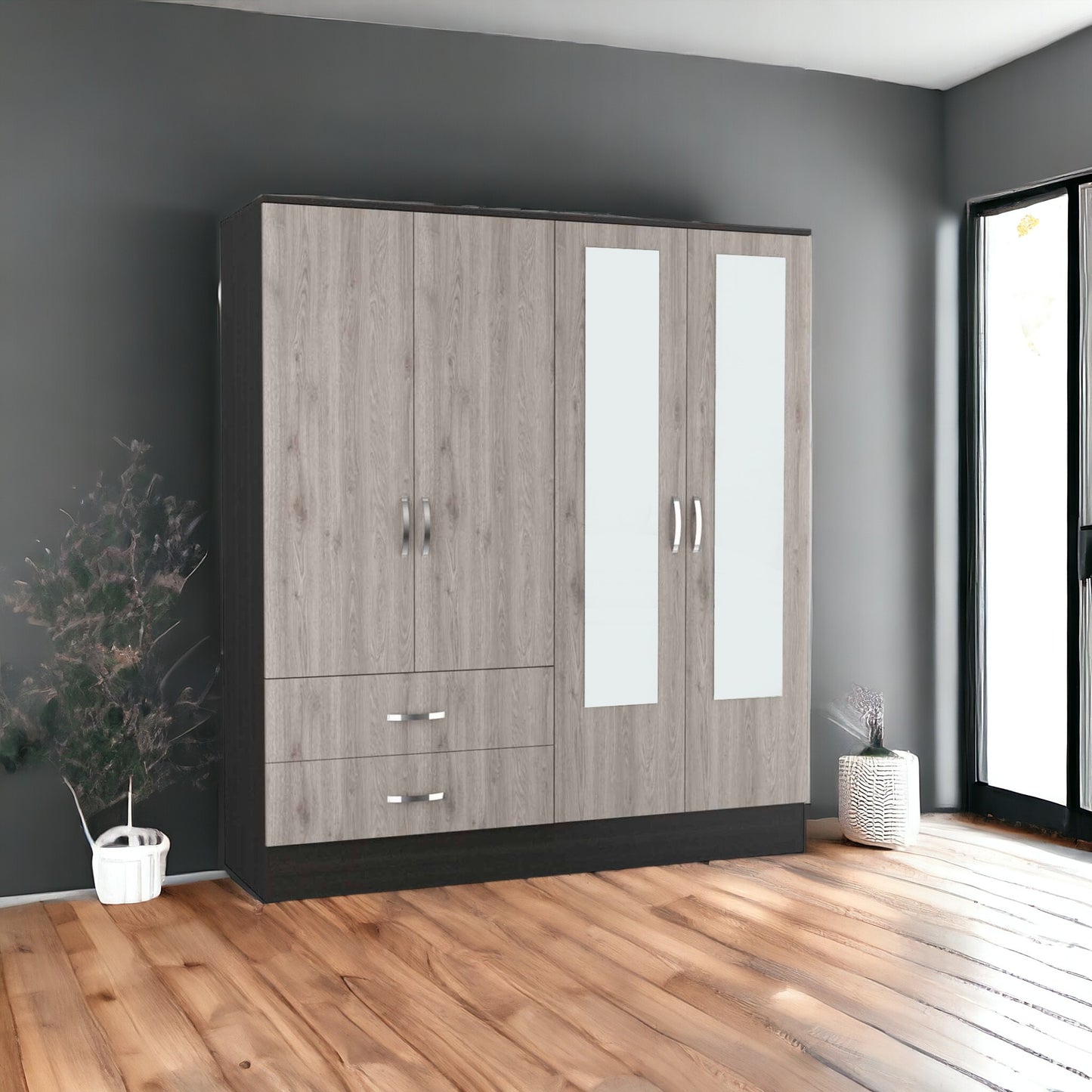 71" Light Oak and Black Four Door Wardrobe Closet with Mirrors