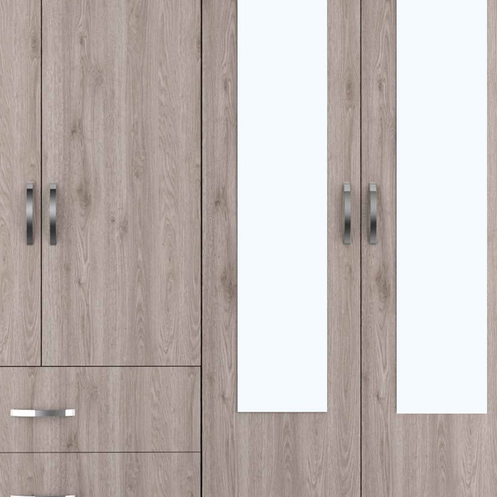 71" Light Oak and Black Four Door Wardrobe Closet with Mirrors