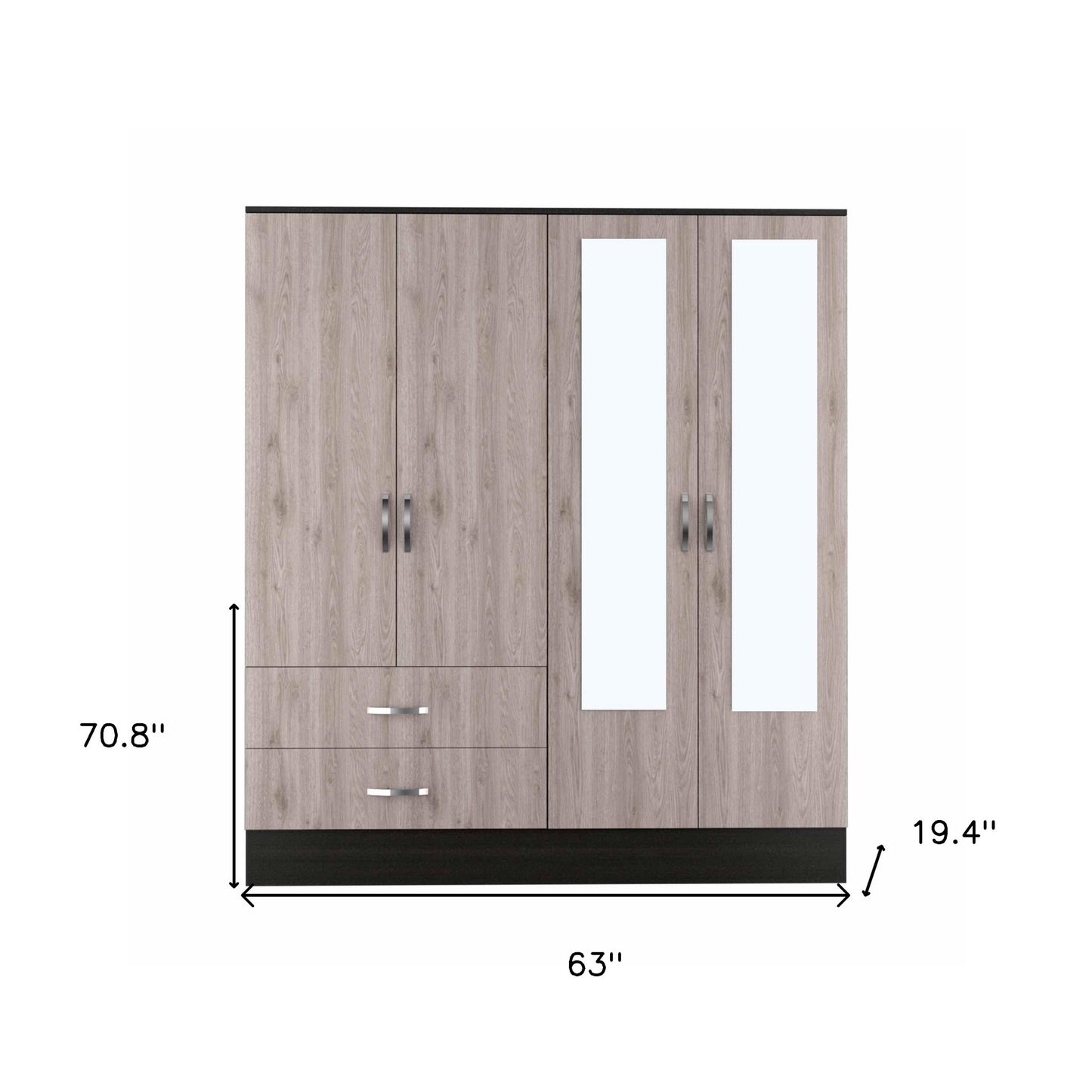 71" Light Oak and Black Four Door Wardrobe Closet with Mirrors