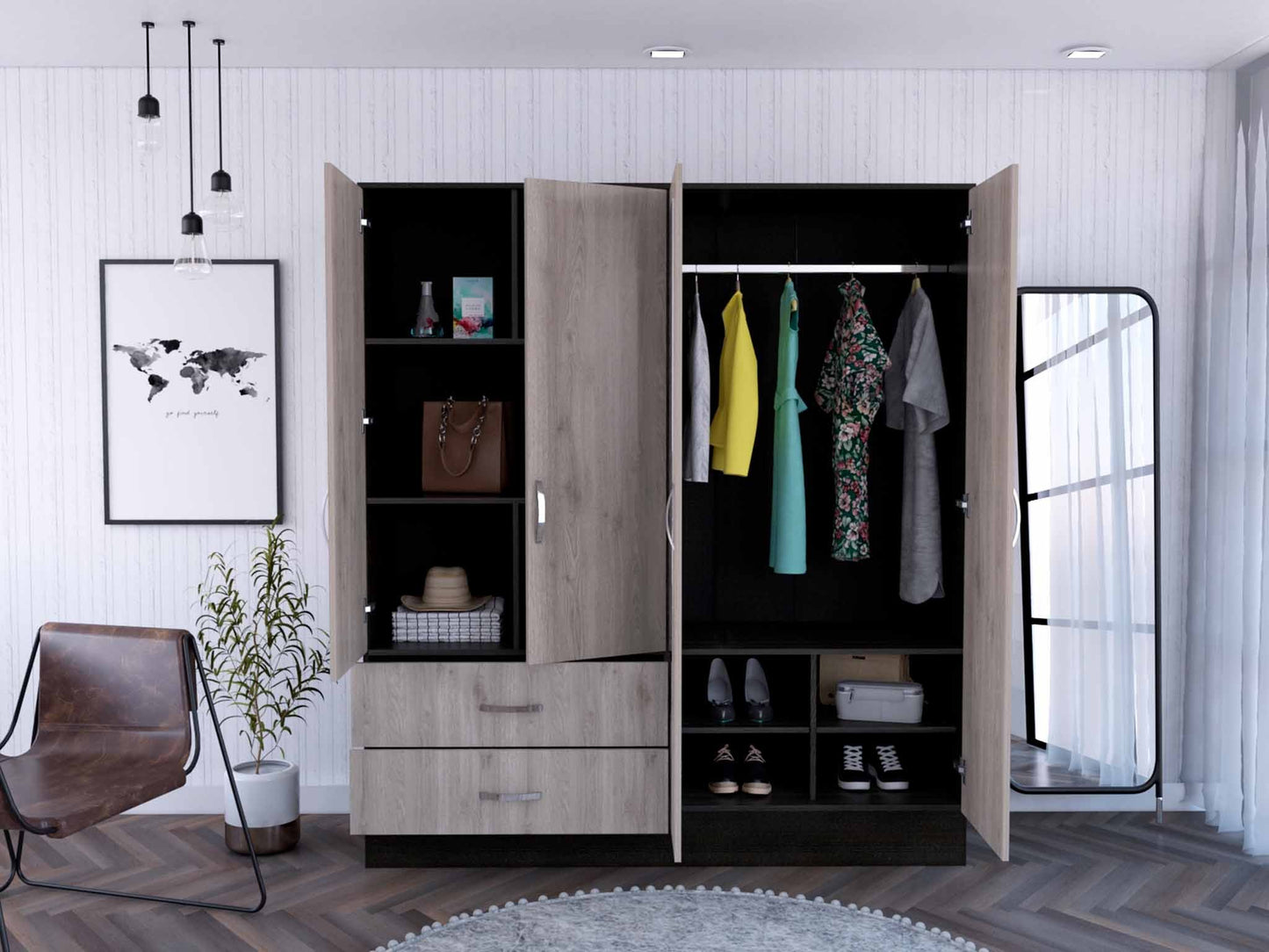 71" Light Oak and Black Four Door Wardrobe Closet with Mirrors