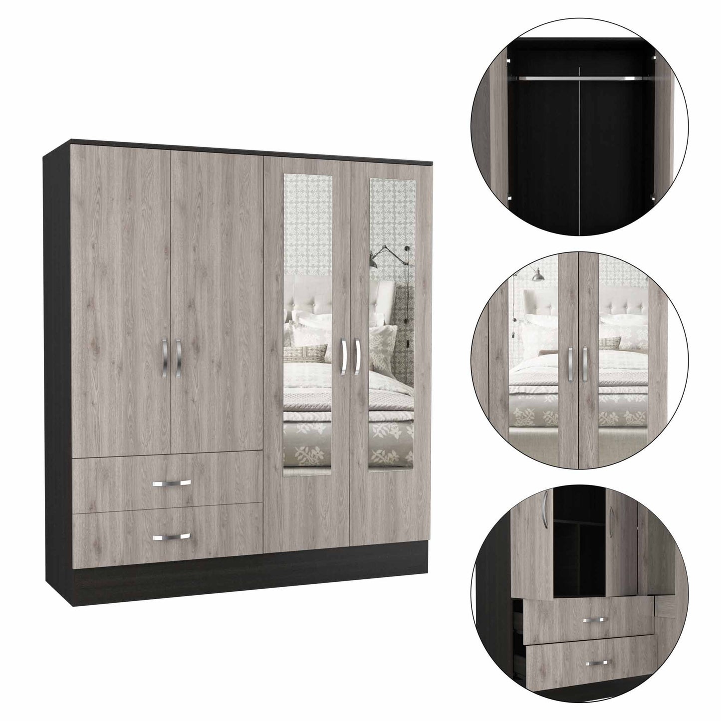 71" Light Oak and Black Four Door Wardrobe Closet with Mirrors