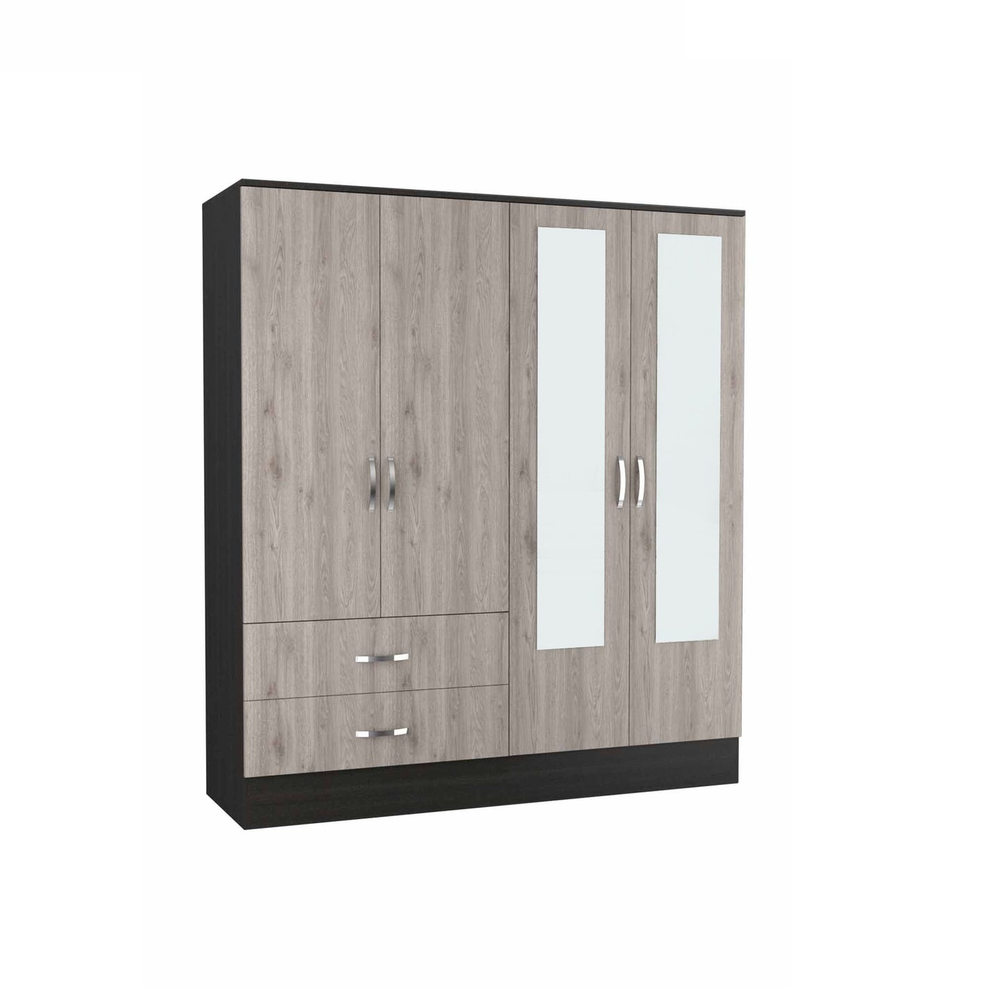 71" Light Oak and Black Four Door Wardrobe Closet with Mirrors