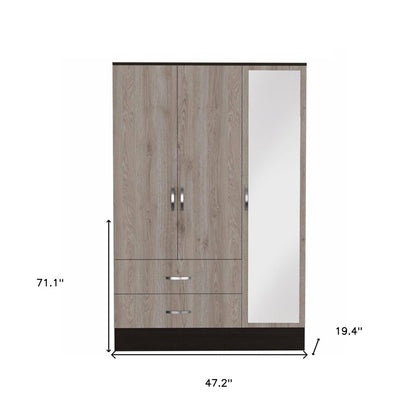 71" Brown And Black Wood And Metal Mirrored Three Door Two Drawer Combo Dresser