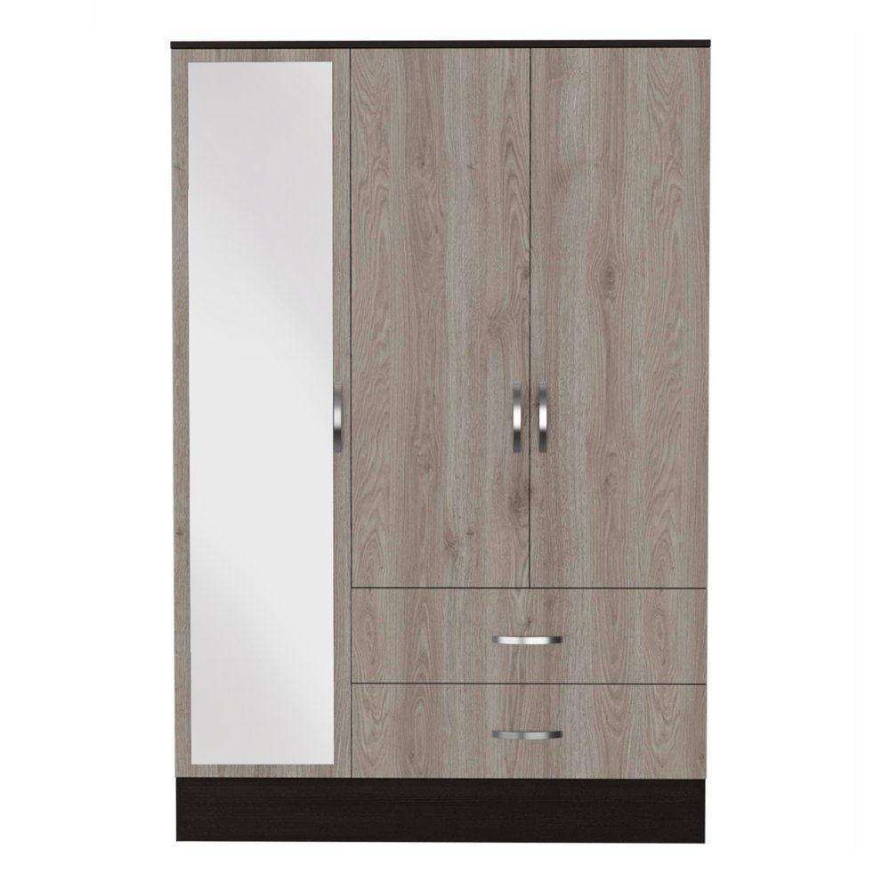 71" Brown And Black Wood And Metal Mirrored Three Door Two Drawer Combo Dresser