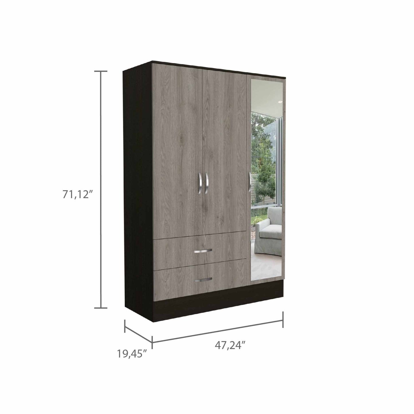 Light Oak and Black Three Door Wardrobe Closet with Mirror