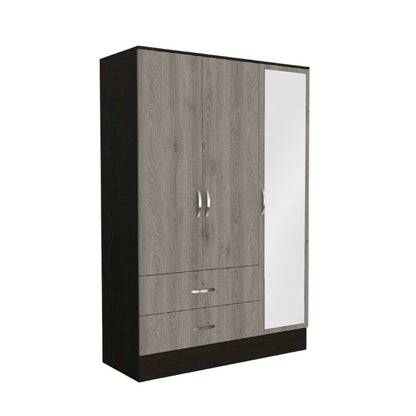 71" Brown And Black Wood And Metal Mirrored Three Door Two Drawer Combo Dresser