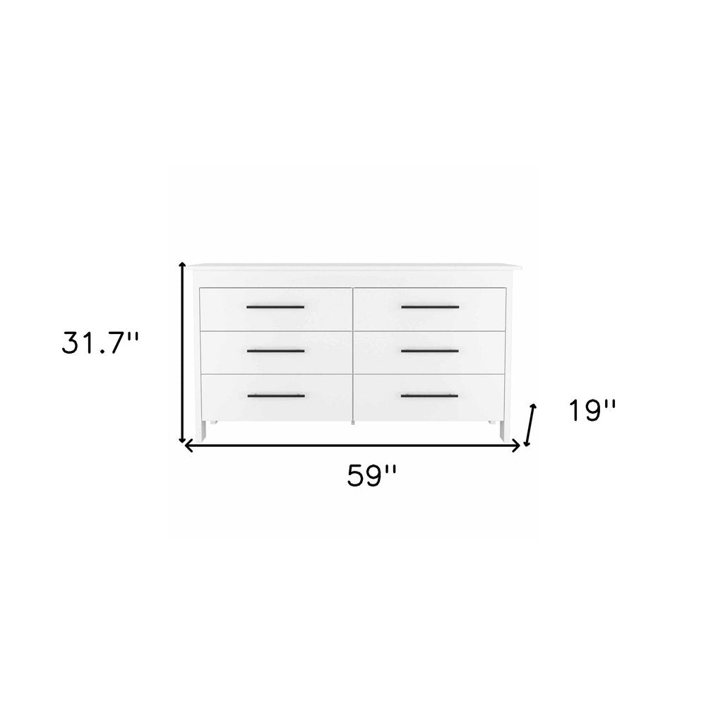 59" White Wood And Metal Six Drawer Double Dresser
