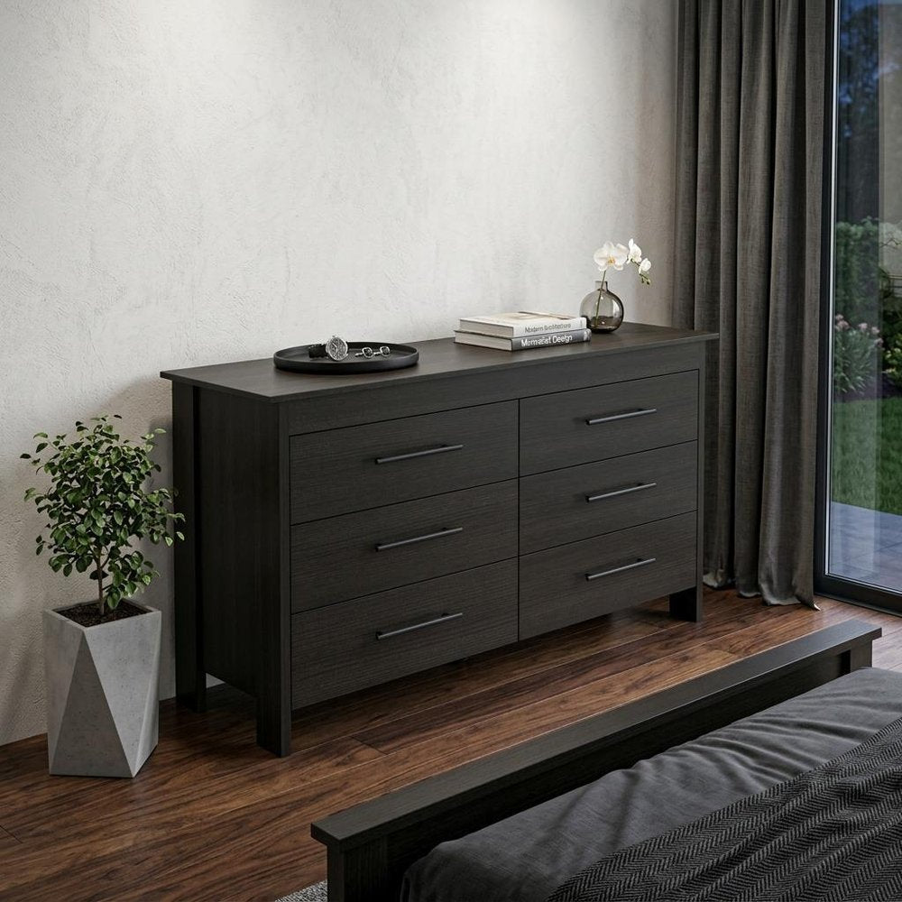 59" Black Wood Six Drawer Double Dresser