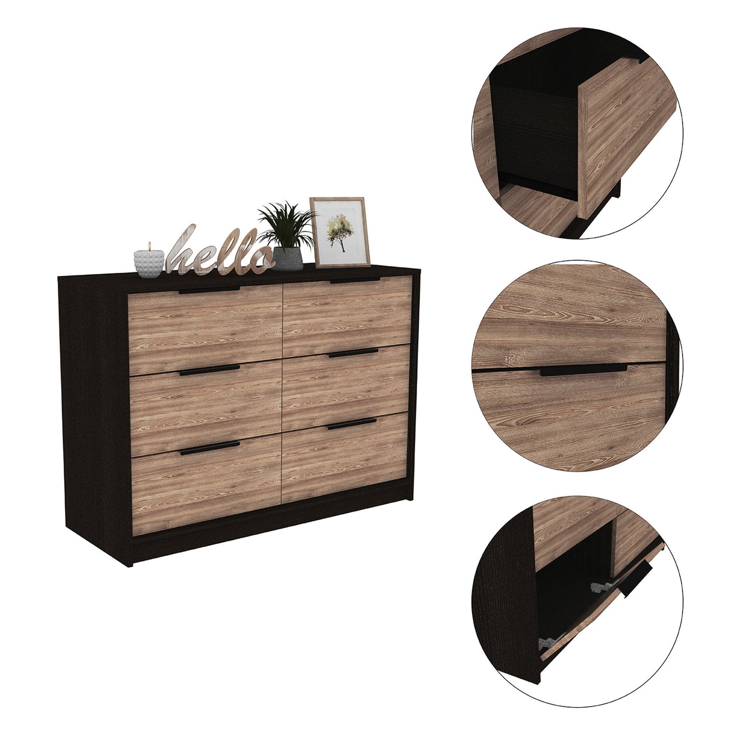 42" Brown and Black Four Drawer Dresser