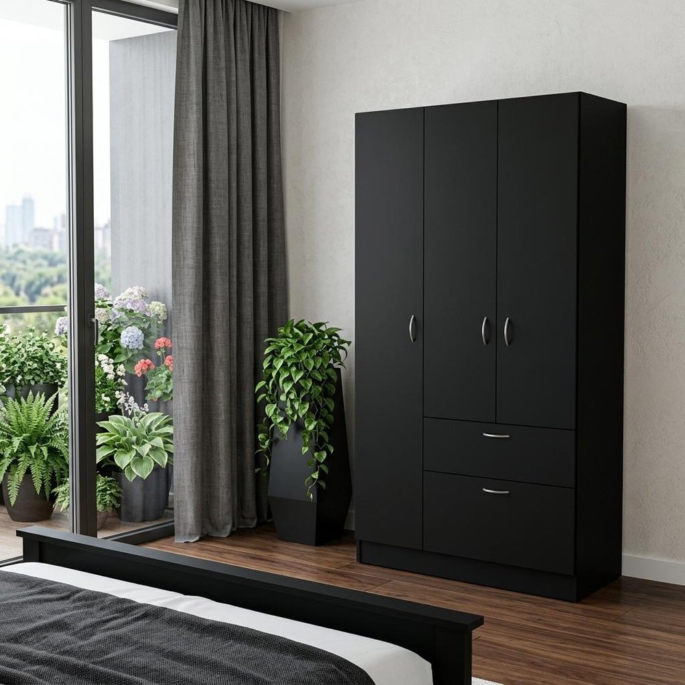 67" Black Wood And Metal Three Door Two Drawer Combo Dresser