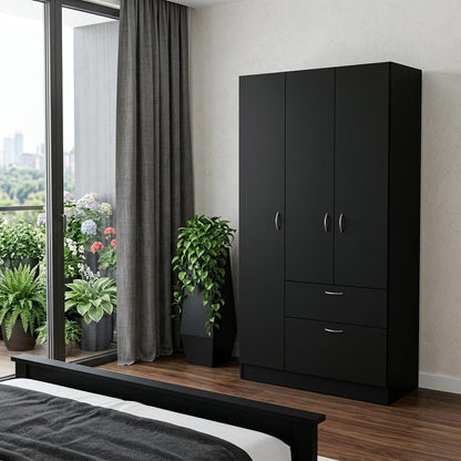 67" Black Wood And Metal Three Door Two Drawer Combo Dresser