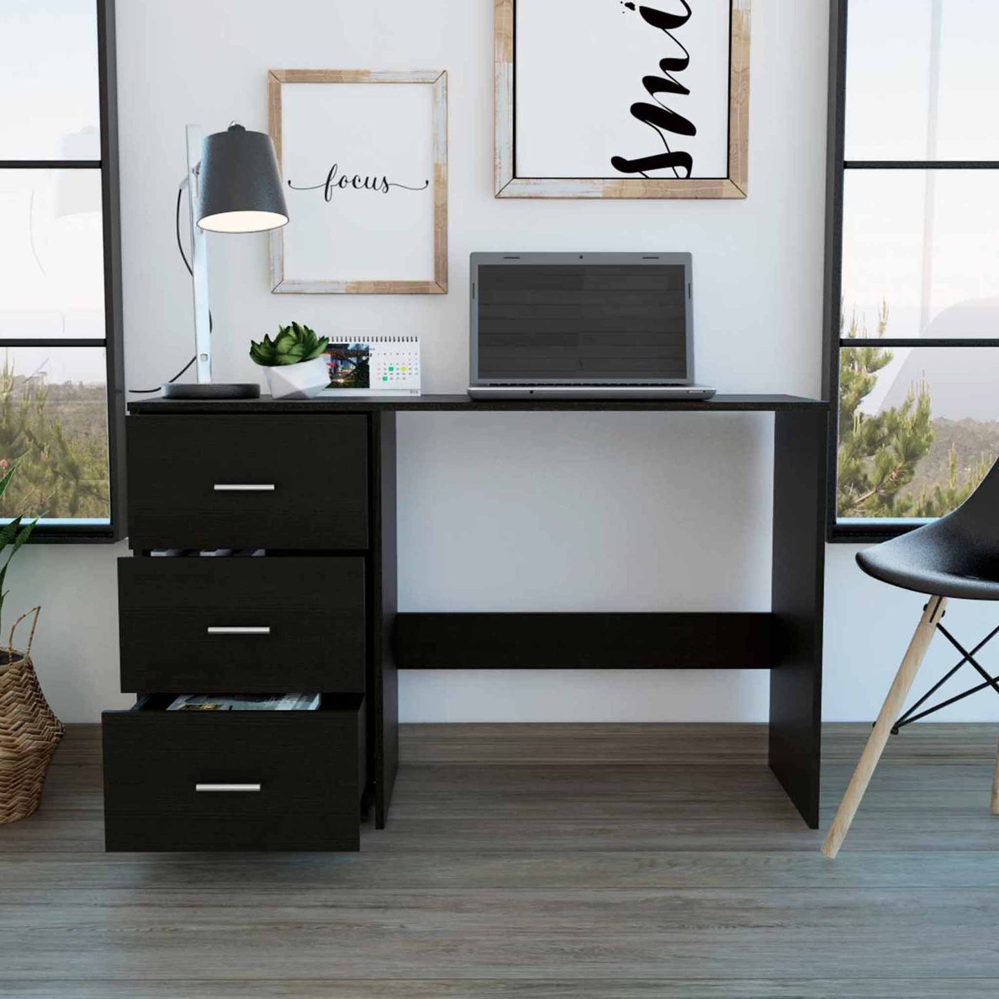 48" Black Computer Desk With Three Drawers