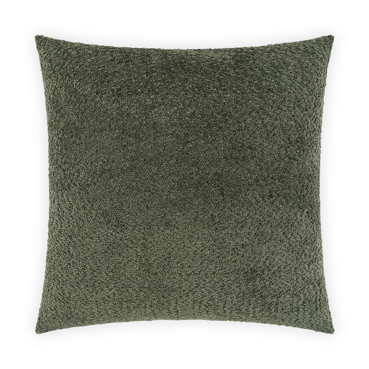 Olive green square plush pillow with textured bouclé/shag cover for sofa or bed.