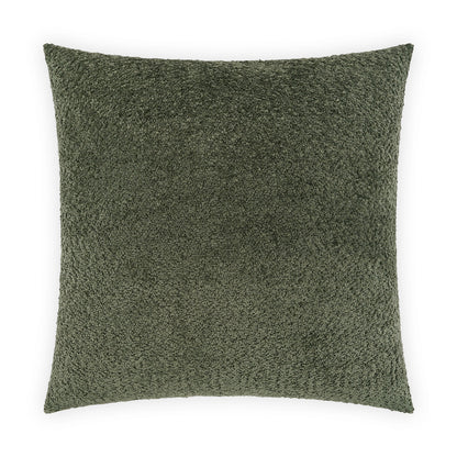Olive green square plush pillow with textured bouclé/shag cover for sofa or bed.