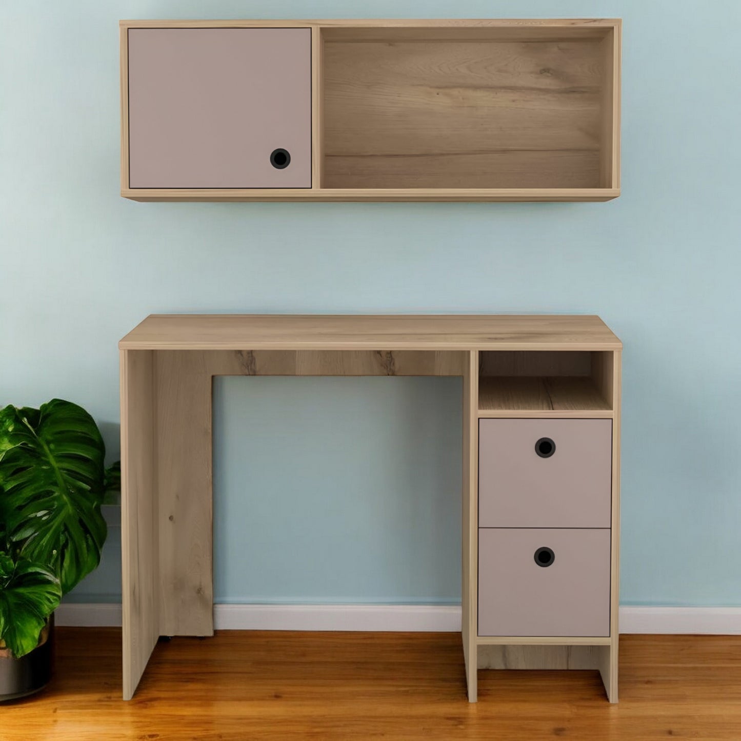 39" Taupe Computer Desk With Two Cabinets Two Drawers