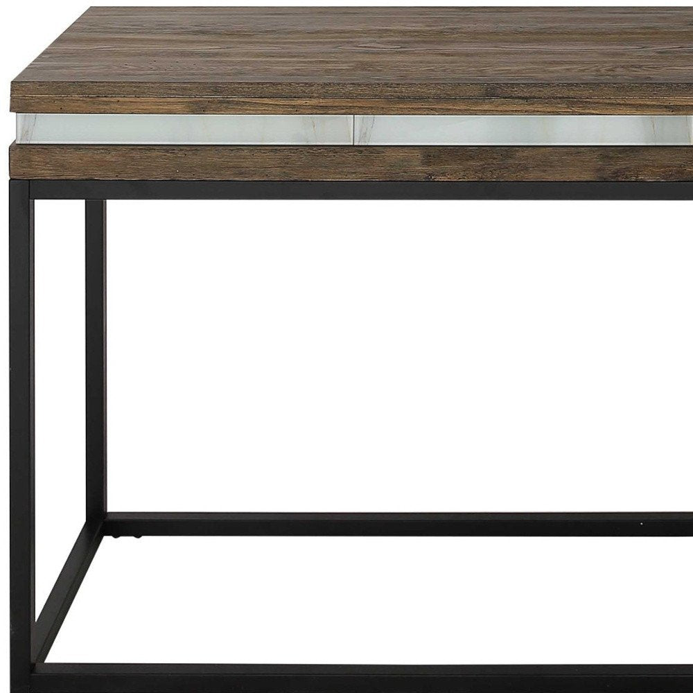 47" Brown White and Black Solid Wood And Faux Marble Sled Console Table