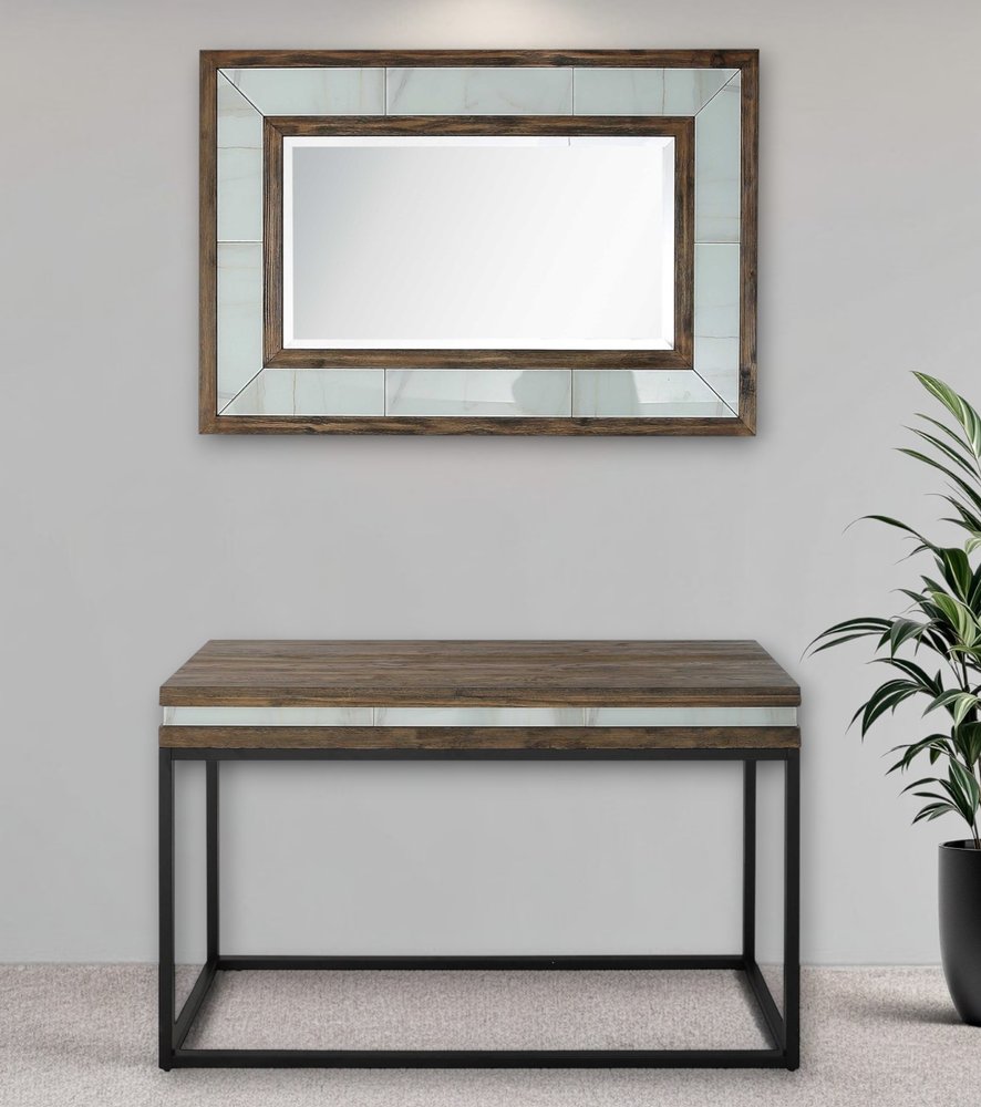 47" Brown White and Black Solid Wood And Faux Marble Sled Console Table