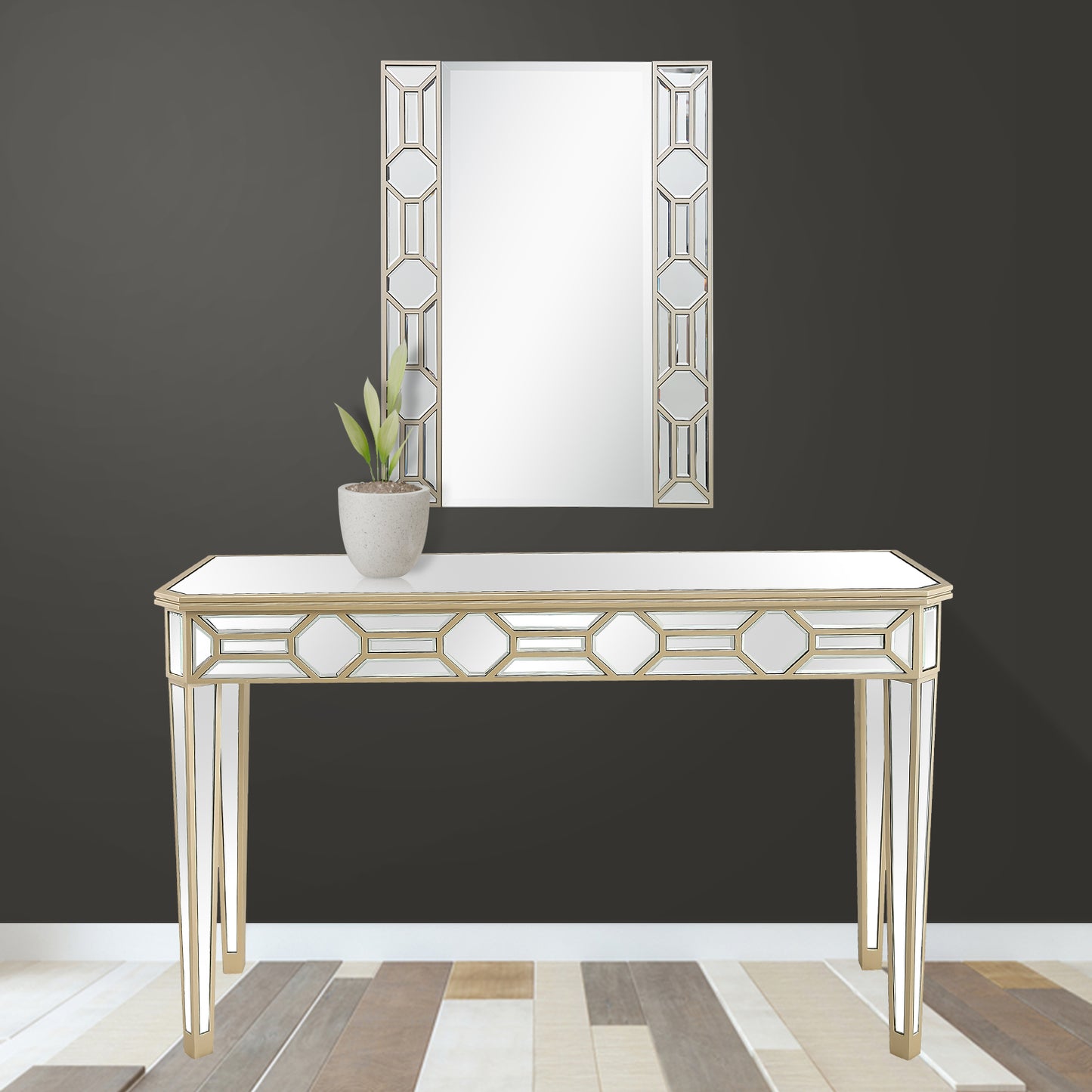 Set of Two 47" Silver and Champagne Mirrored Glass Console Table and Mirror