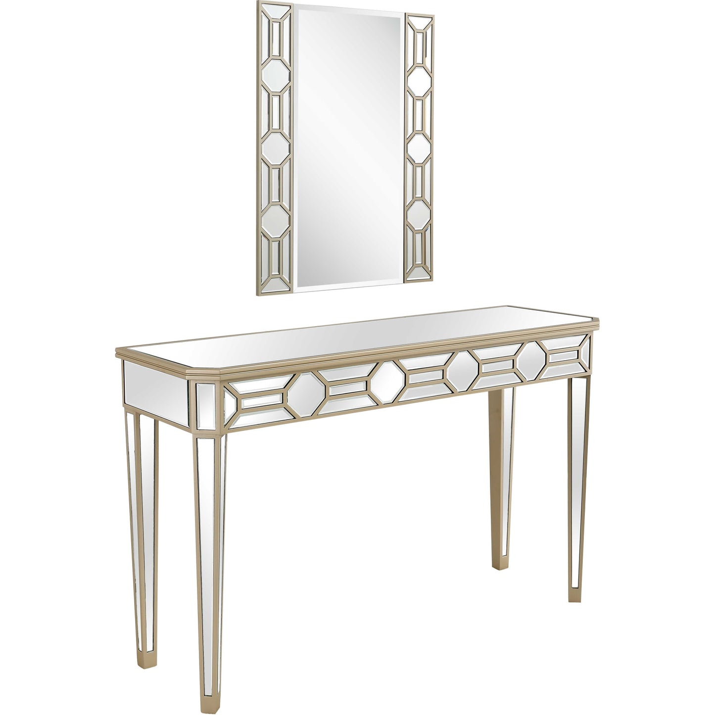 Set of Two 47" Silver and Champagne Mirrored Glass Console Table and Mirror