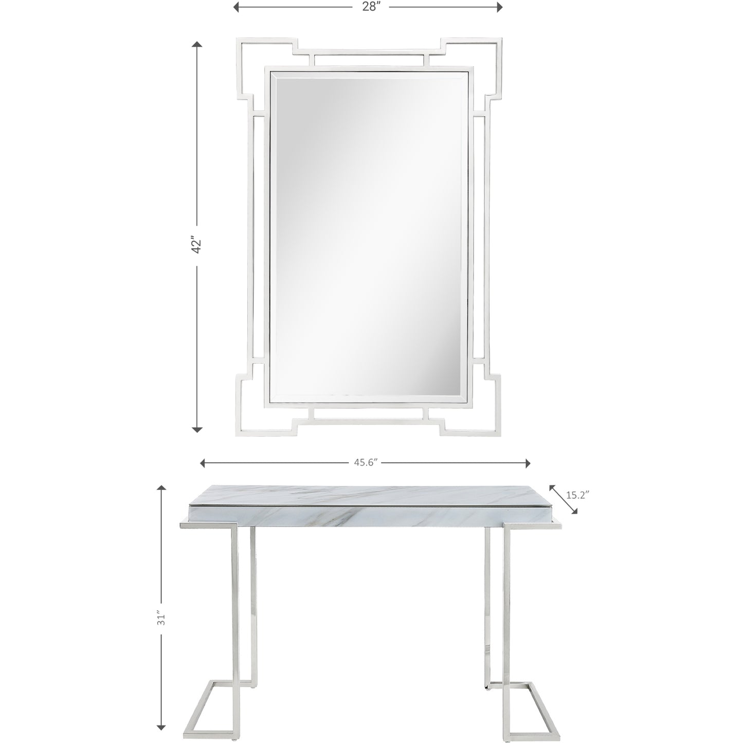 Set of Two 46" White and Silver Faux Marble Mirrored Sled Console Table