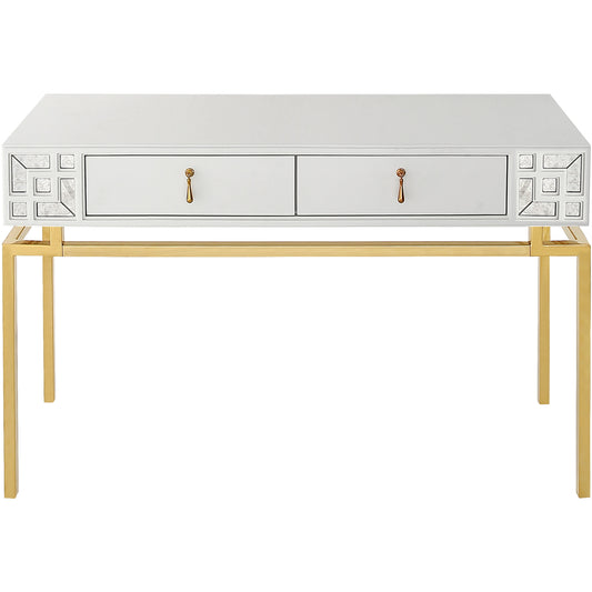 47" White and Gold Wood Console Table With Two Drawers