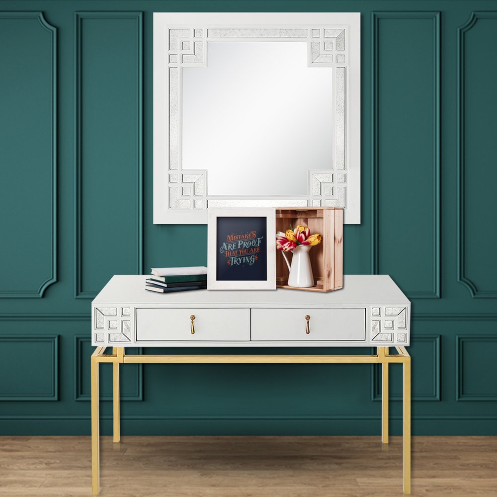 47" White and Gold Wood Console Table With Two Drawers