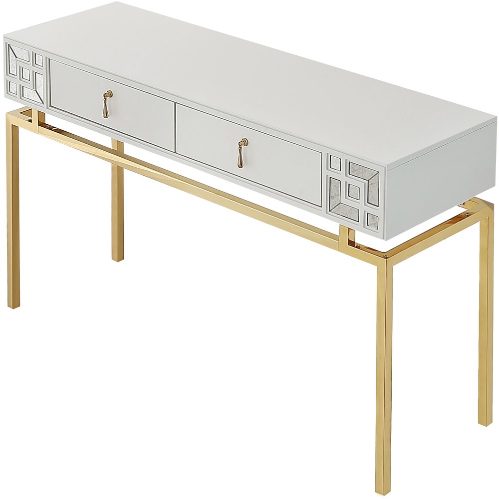 47" White and Gold Wood Console Table With Two Drawers