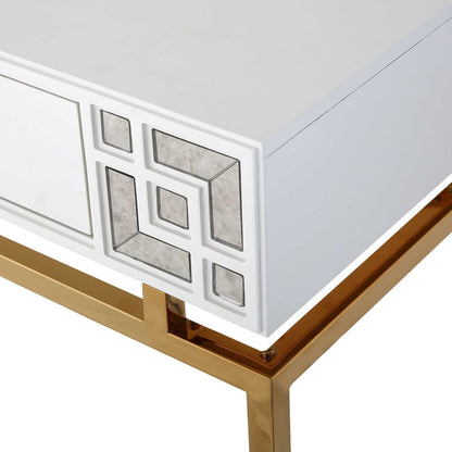 47" White and Gold Wood Console Table With Two Drawers