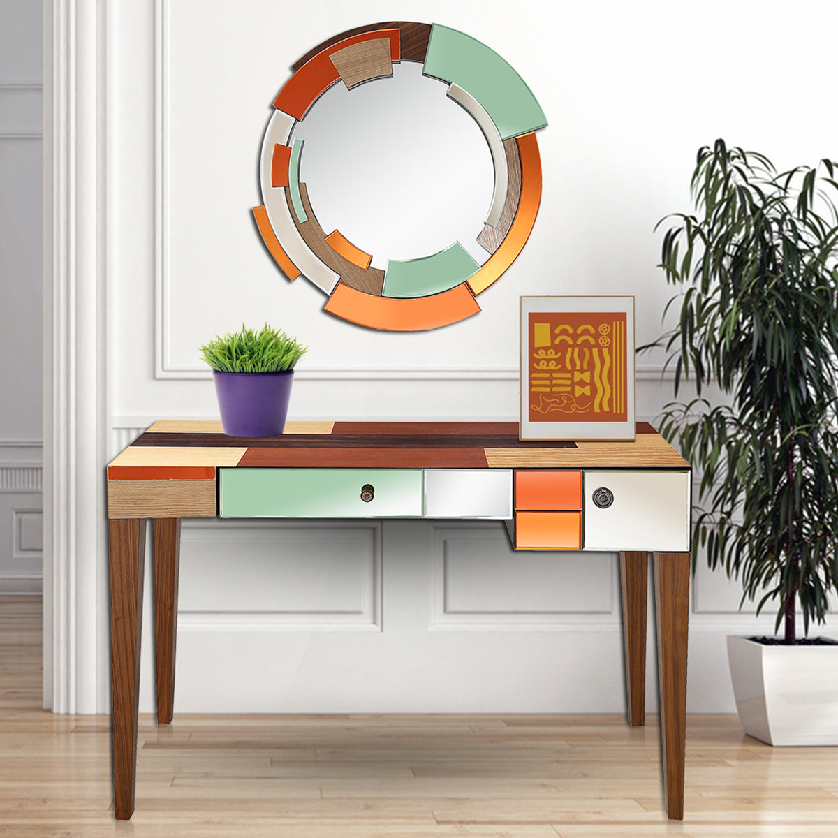 51" Wood Brown and Brown Mirrored Console Table With Storage