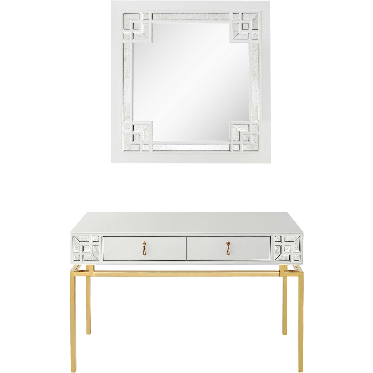 Set of Two 47" White and Gold Solid Wood Mirrored Console Table And Drawers