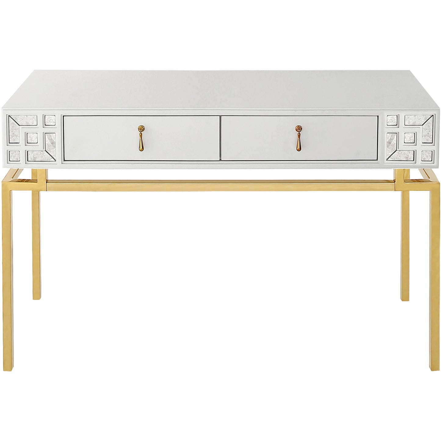 Set of Two 47" White and Gold Solid Wood Mirrored Console Table And Drawers