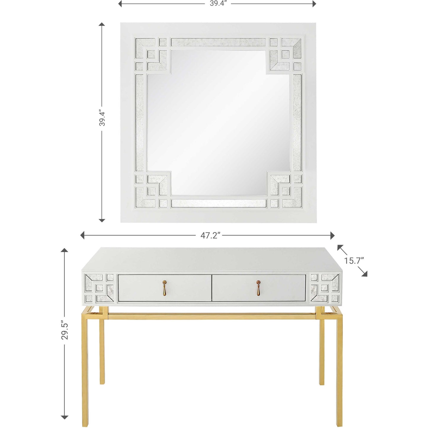 Set of Two 47" White and Gold Solid Wood Mirrored Console Table And Drawers