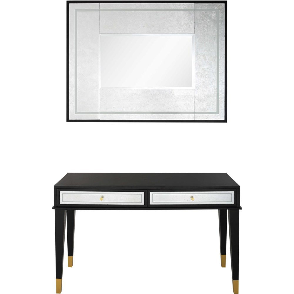 47" Black And Silver Mirrored Wood And Glass Console Table With Two Drawers