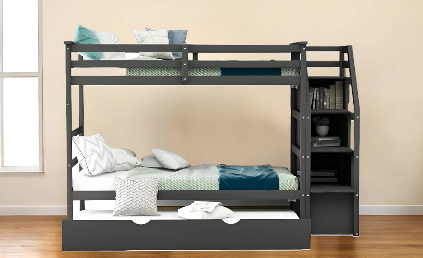 Gray Twin Over Twin Bunk Bed with Trundle