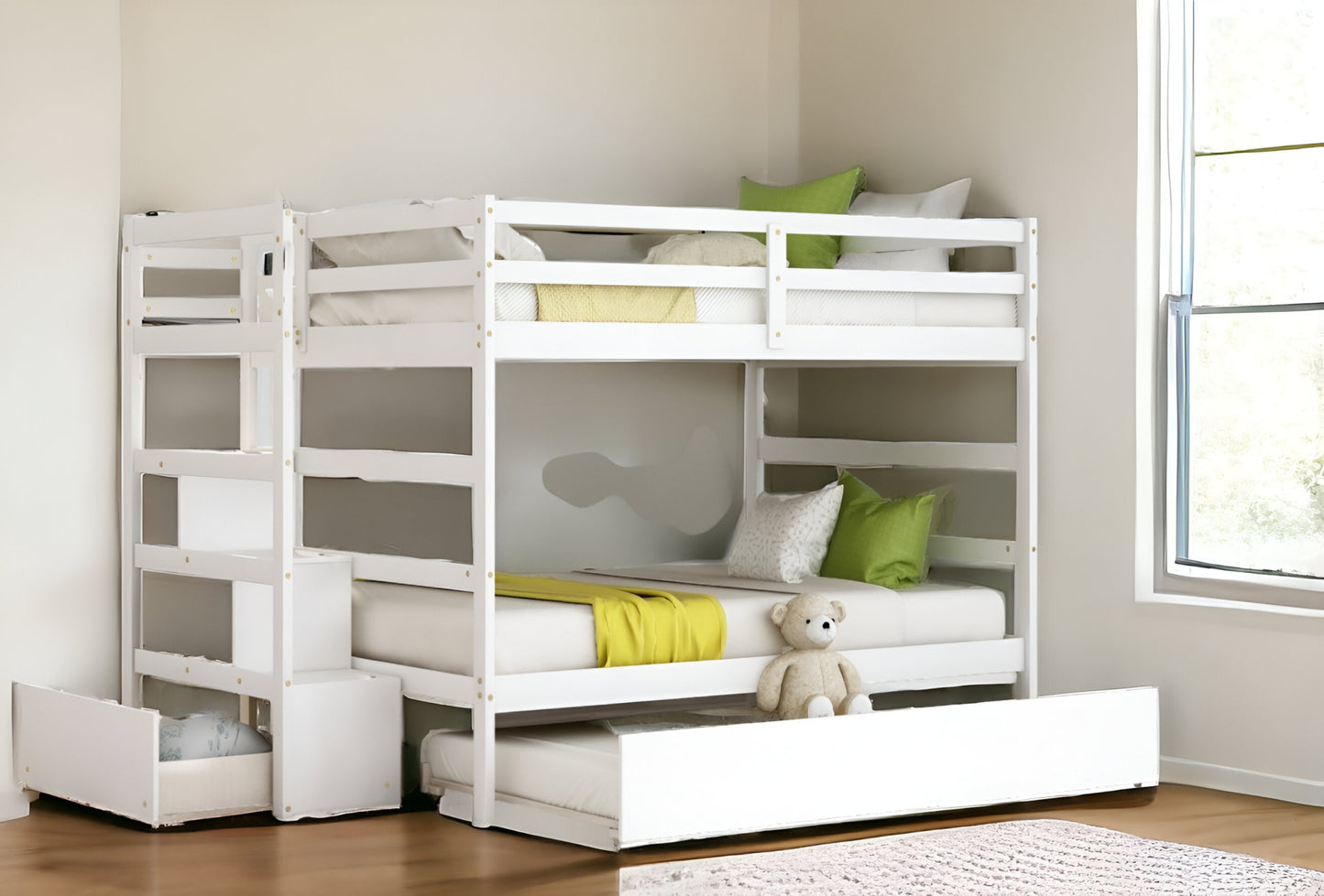 White Full Over Full Contemporary Bunk Bed With Stairs