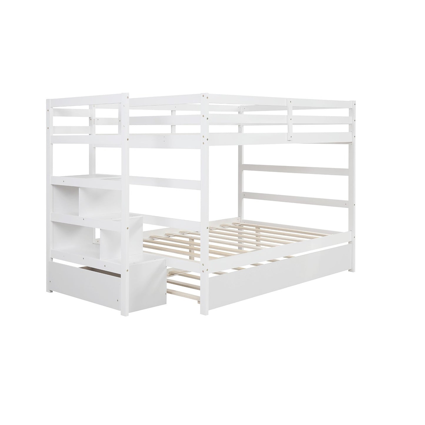 White Full Over Full Contemporary Bunk Bed With Stairs