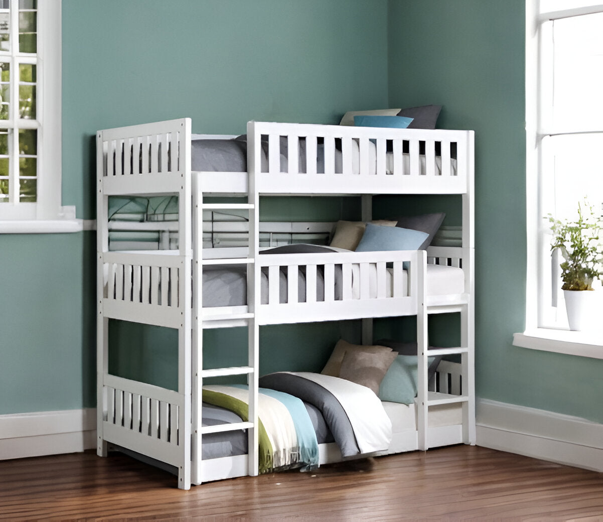 White Twin over Twin over Twin Contemporary Manufactured Wood and Solid Wood Bunk Bed