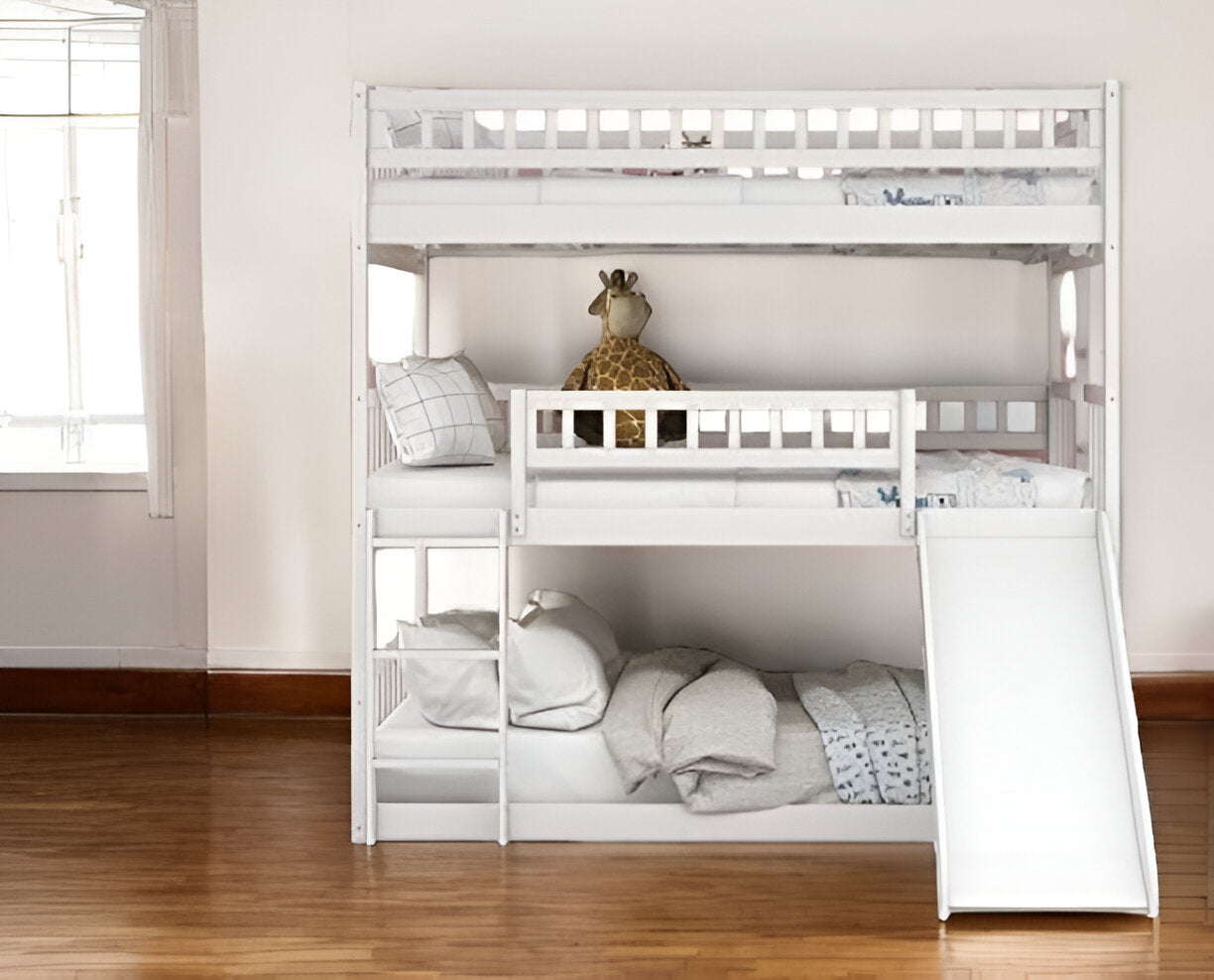 White Full Over Full Over Full Contemporary Bunk Bed With Slide