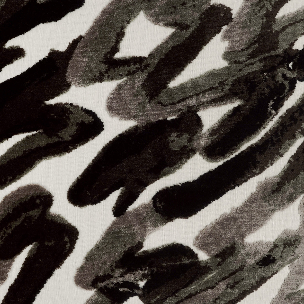 Charcoal gray and black painterly brushstroke textile pattern; abstract fabric design.