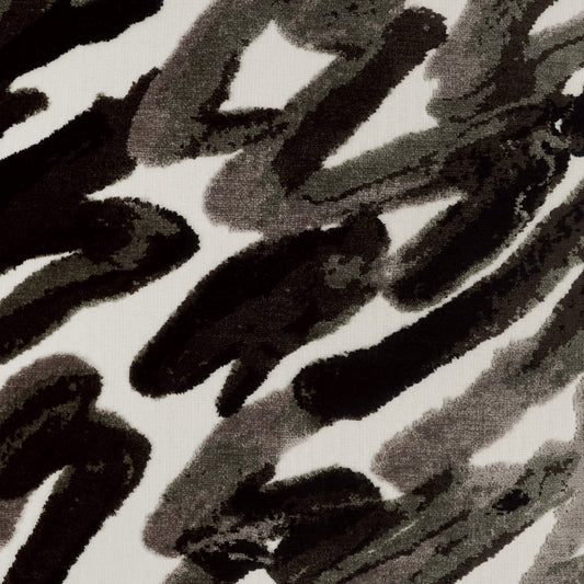 Charcoal gray and black painterly brushstroke textile pattern; abstract fabric design.