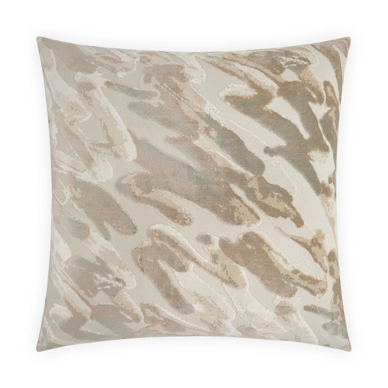 Square decorative pillow with beige, taupe and cream abstract brushstroke pattern and soft fabric.
