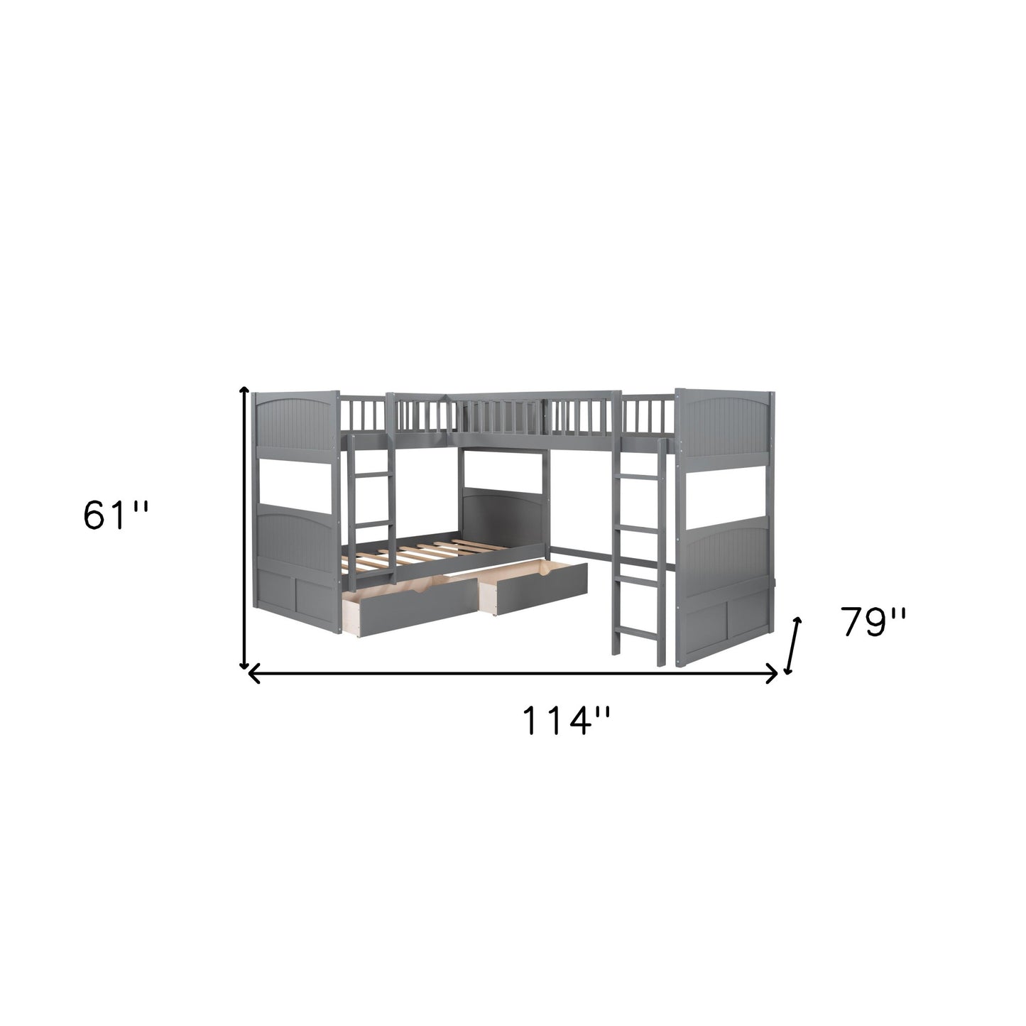 Gray Twin Size Bunk Bed with attached Loft Bed and Drawers